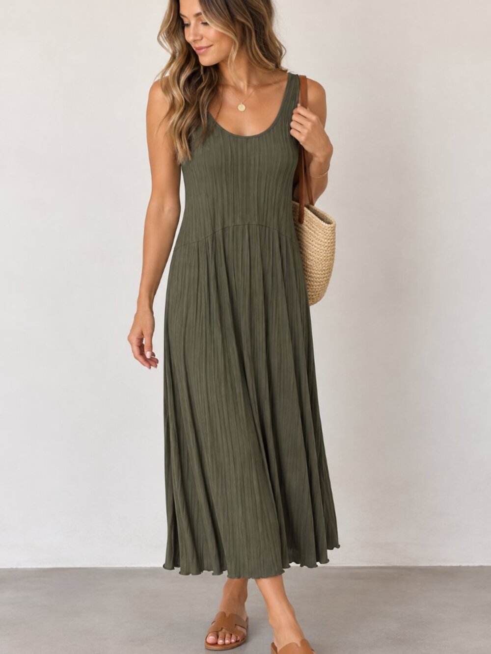Everlane The Ribbed Midi Dress Olive Green Size Medium